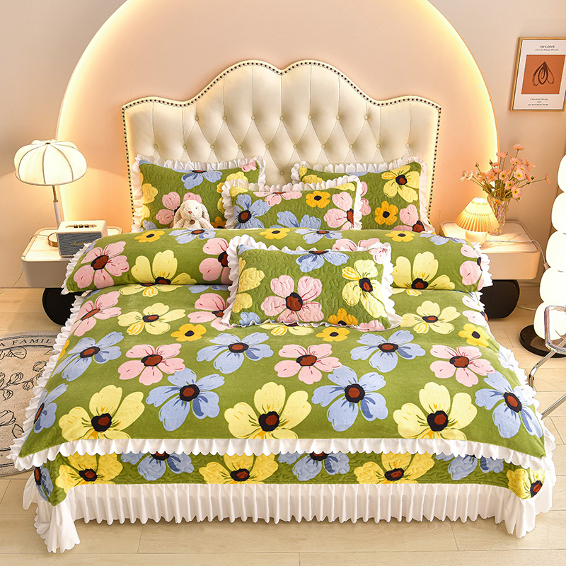 三友家纺 牛奶绒印花夹棉床盖单件 三件套 四件套-白花边 单件床盖260*245cm 彩色花朵