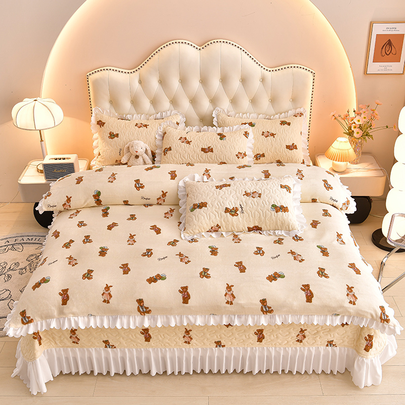 三友家纺 牛奶绒印花夹棉床盖单件 三件套 四件套-白花边 单件床盖260*245cm 玩偶熊