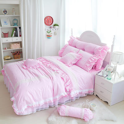 夹棉类床品套件系列-全棉绗绣 1.5m床裙款四件套 粉色