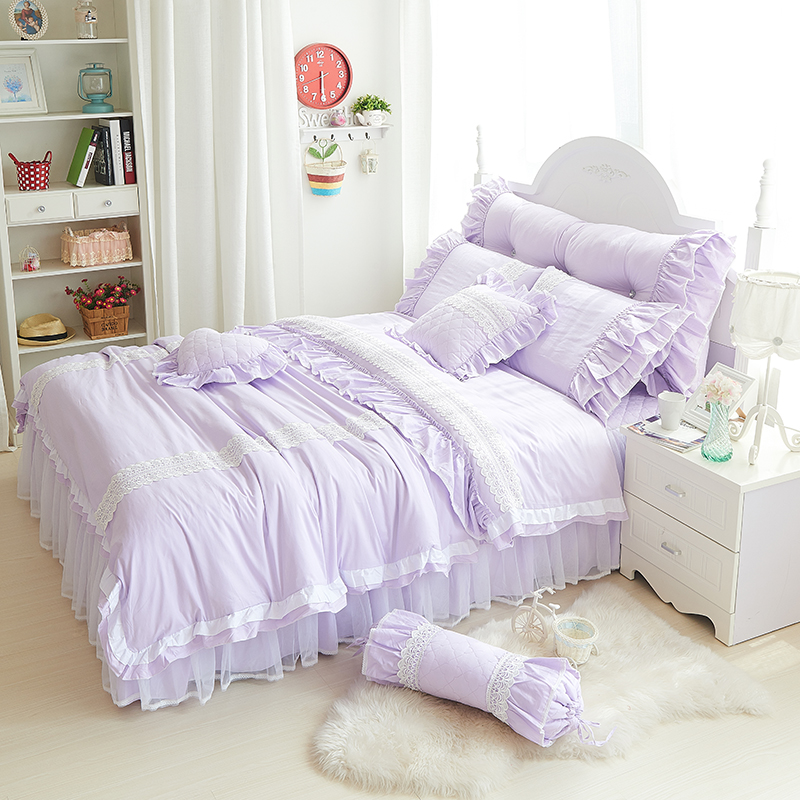 夹棉类床品套件系列-全棉绗绣 1.5m床裙款四件套 紫色