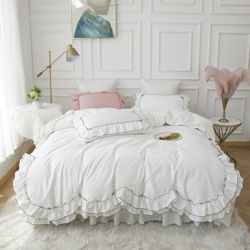 全棉纯色类床品套件系列-罗拉 1.8m床裙款四件套 月光白