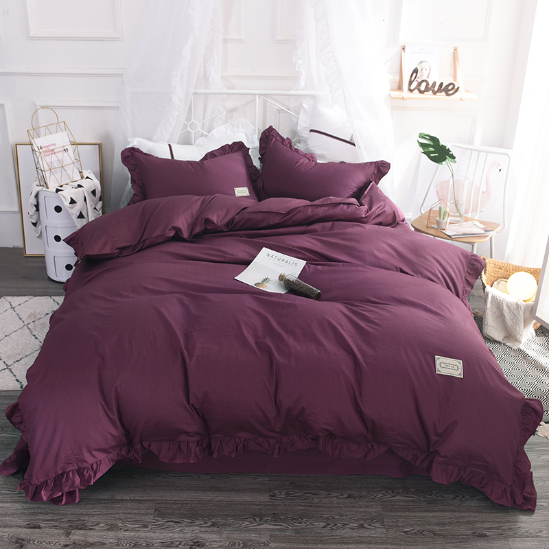 全棉纯色类床品套件系列-简约 1.8m被套加大床单款四件套 葡萄紫