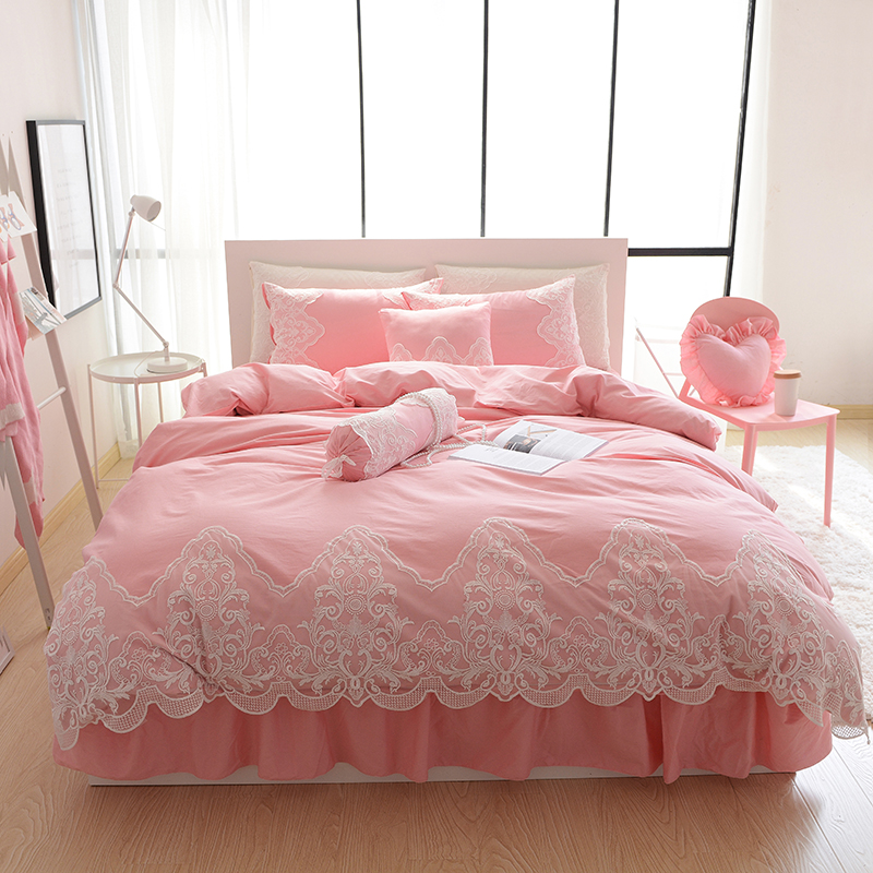 全棉纯色类床品套件系列-夏日蜜语 1.2m床裙款三件套（需定做） 粉色