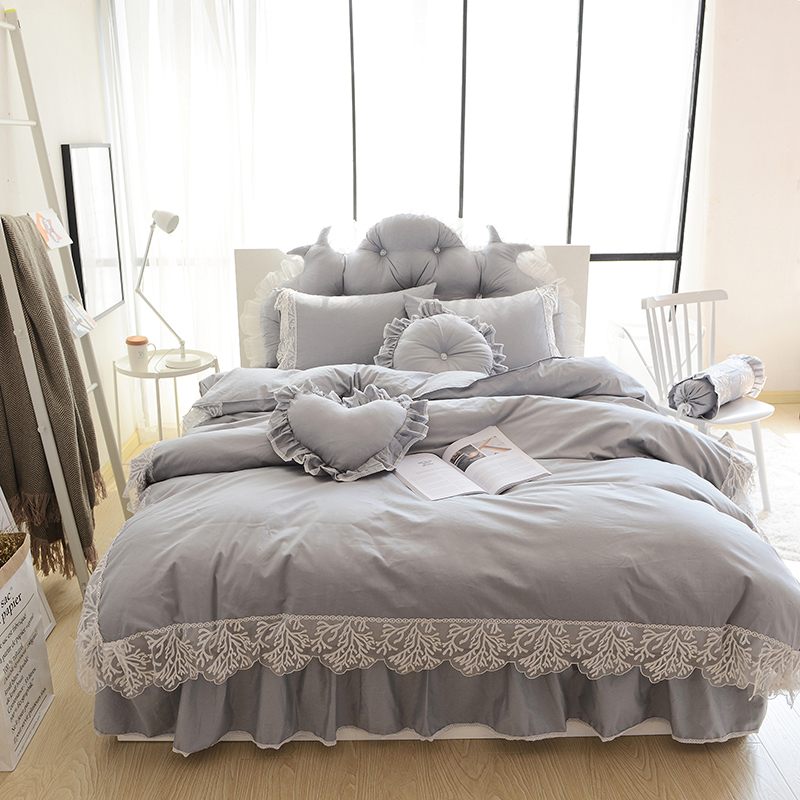 全棉纯色类床品套件系列-优雅 1.2m床裙款三件套（需定做） 灰色