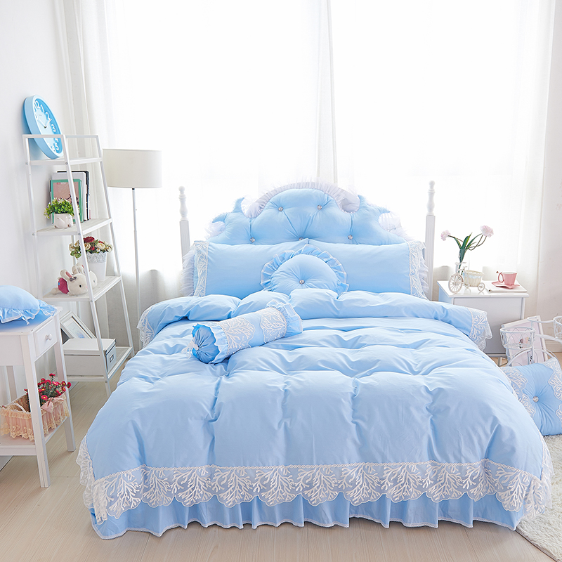 全棉纯色类床品套件系列-优雅 1.2m床裙款三件套（需定做） 蓝色