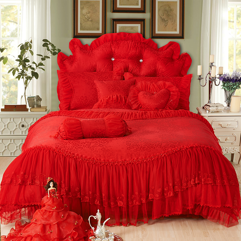 全棉提花类床品套件系列-花嫁公主 1.5m床裙款四件套 红色