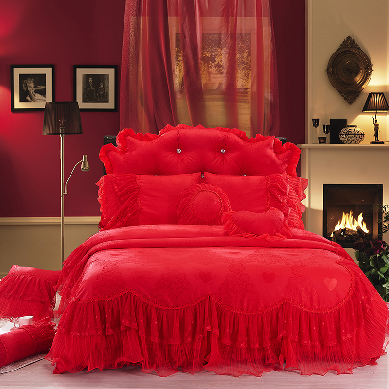 全棉提花类床品套件系列-花样年华 1.5m床裙款四件套 大红