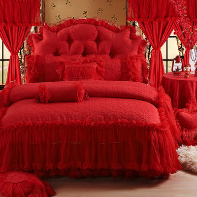 全棉提花类床品套件系列-曼莎轻舞 1.5m床裙款四件套 大红