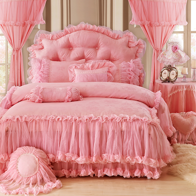 全棉提花类床品套件系列-曼莎轻舞 1.5m床裙款四件套 粉色