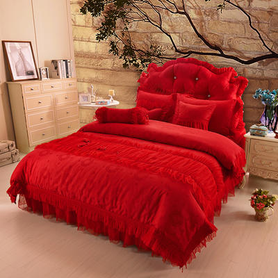 全棉提花类床品套件系列-甜蜜糖果 1.5m床裙款四件套 大红