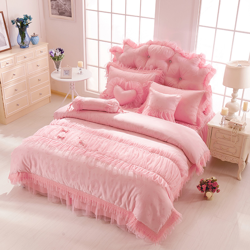 全棉提花类床品套件系列-甜蜜糖果 1.5m床裙款四件套 粉玉