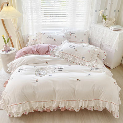全棉绣花类床品套件系列-奶油朵朵 1.8m床裙款四件套 粉色