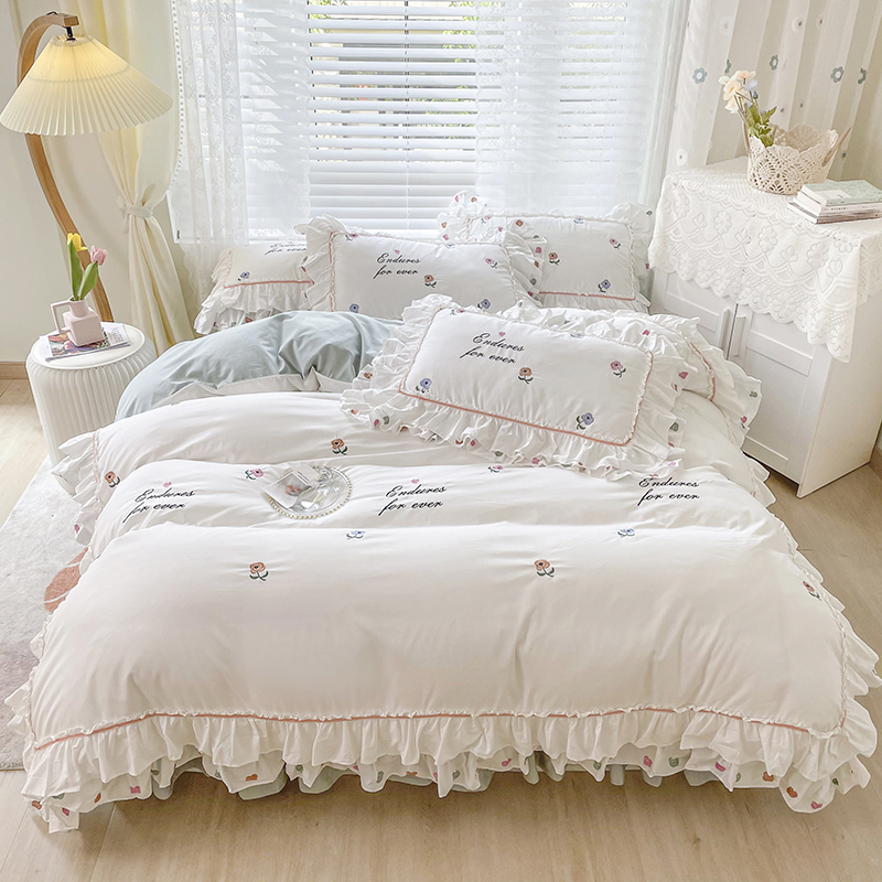 全棉绣花类床品套件系列-奶油朵朵 1.8m床裙款四件套 绿色