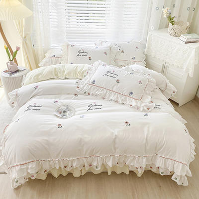 全棉绣花类床品套件系列-奶油朵朵 1.8m床裙款四件套 米色