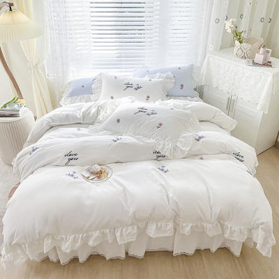 全棉绣花类床品套件系列-夏洛 1.8m床裙款四件套 月光白