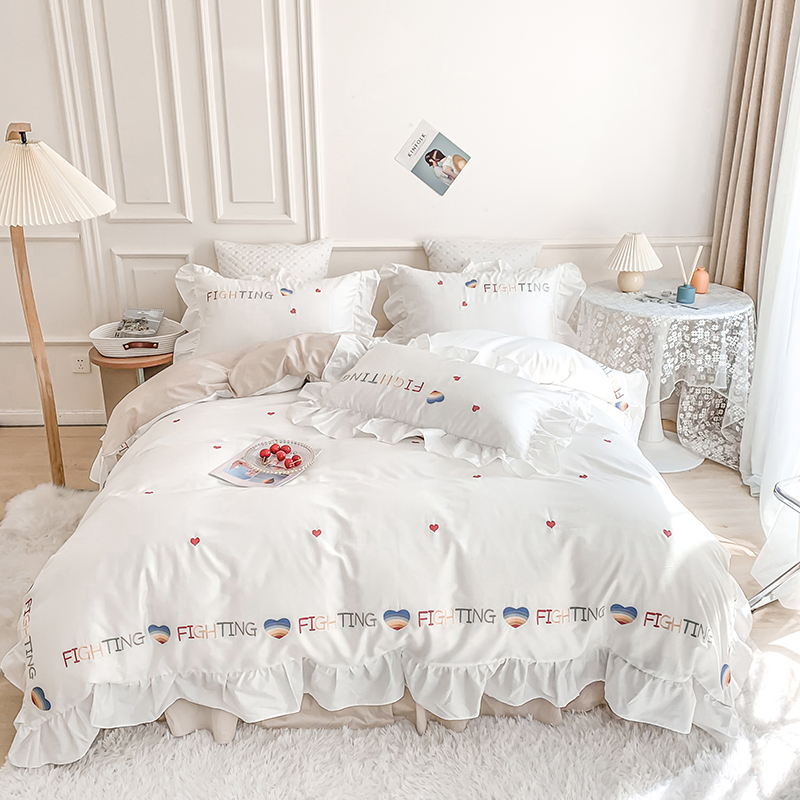 全棉绣花类床品套件系列-一见倾心 1.8m床裙款四件套 奶茶