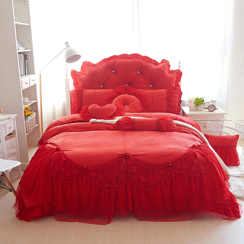 水晶绒四件套心恋系列 1.5m床裙款四件套 大红