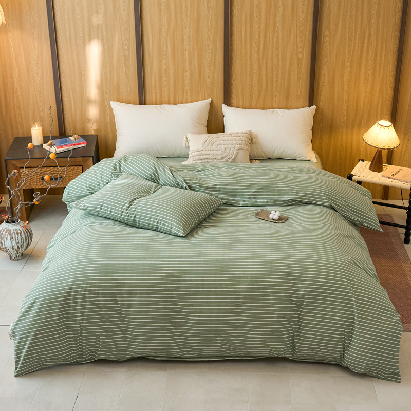2025新款全棉原棉磨毛色织水洗单被套回暖系列-风格二 艾绿条