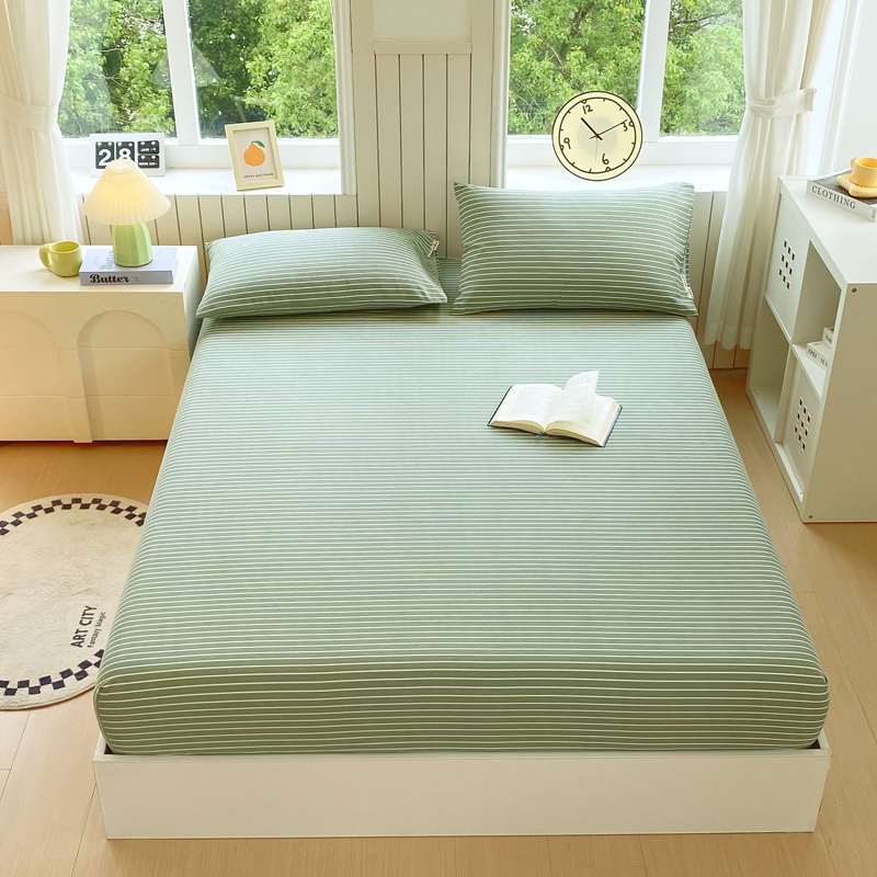 2025新款全棉原棉磨毛色织水洗单床笠回暖系列-风格一 艾绿条