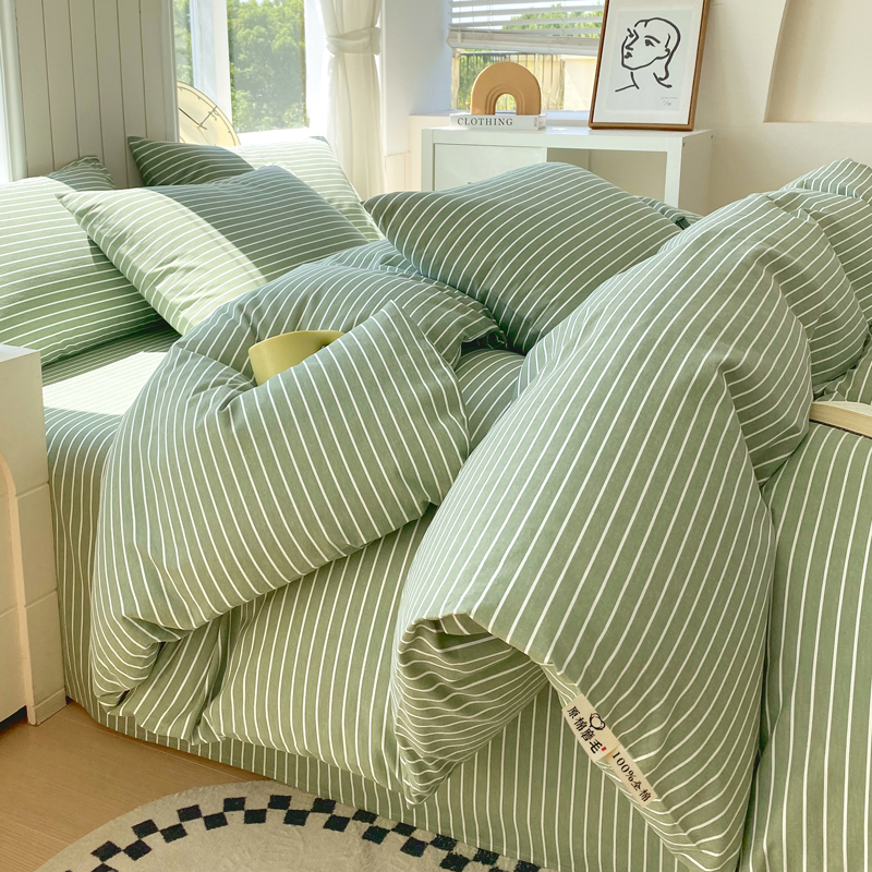 2025新款全棉原棉磨毛色织水洗四件套回暖系列-风格一 艾绿条