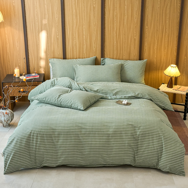 2025新款全棉原棉磨毛色织水洗四件套回暖系列-风格二 艾绿条