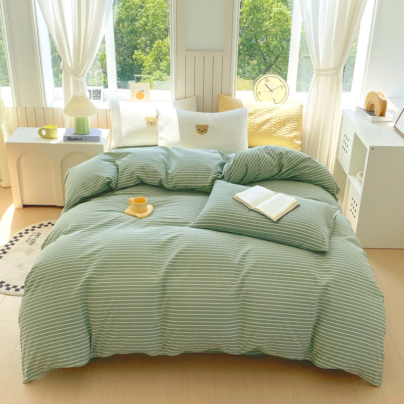 2025新款全棉原棉磨毛色织水洗单被套回暖系列-风格一 艾绿条