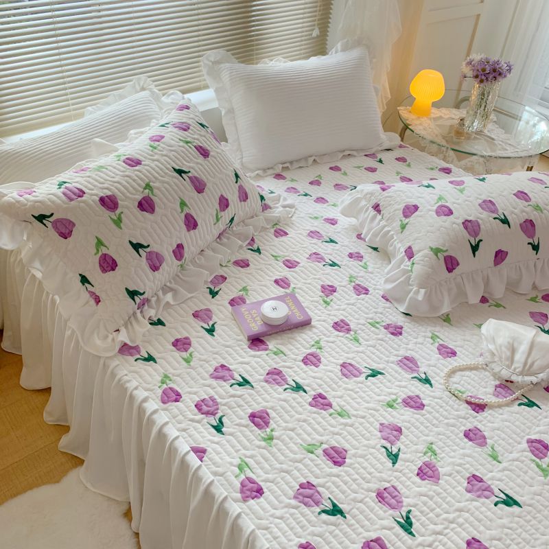 2021新款ins仙仙的牛奶般丝滑韩版牛奶绒床裙床盖三件套 1.8m床裙款三件套 紫色郁金香