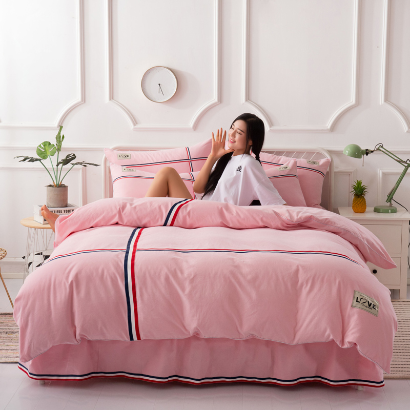 2022新款全棉磨毛床裙款四件套 1.5m（5英尺）床 粉色