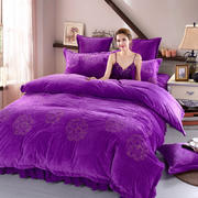 品潮国际-纯色宝宝绒花好月圆绣花床裙床罩四件套 被套200*230床罩150*200 花好月圆-紫色