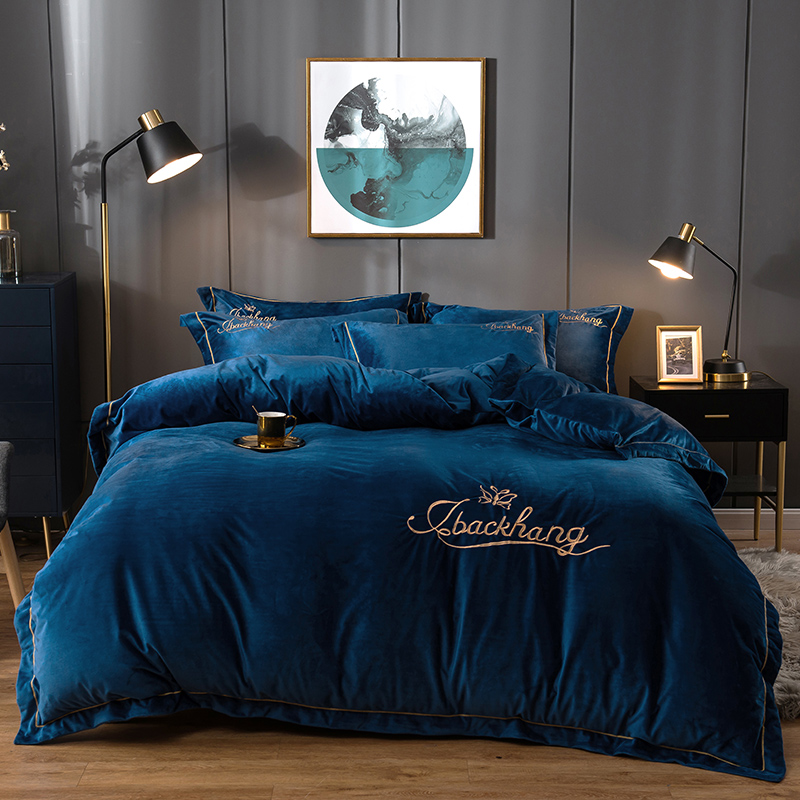 2022新款-蝶中皇后水晶绒压线款四件套 床单款四件套1.5m（5英尺）床 宝石蓝