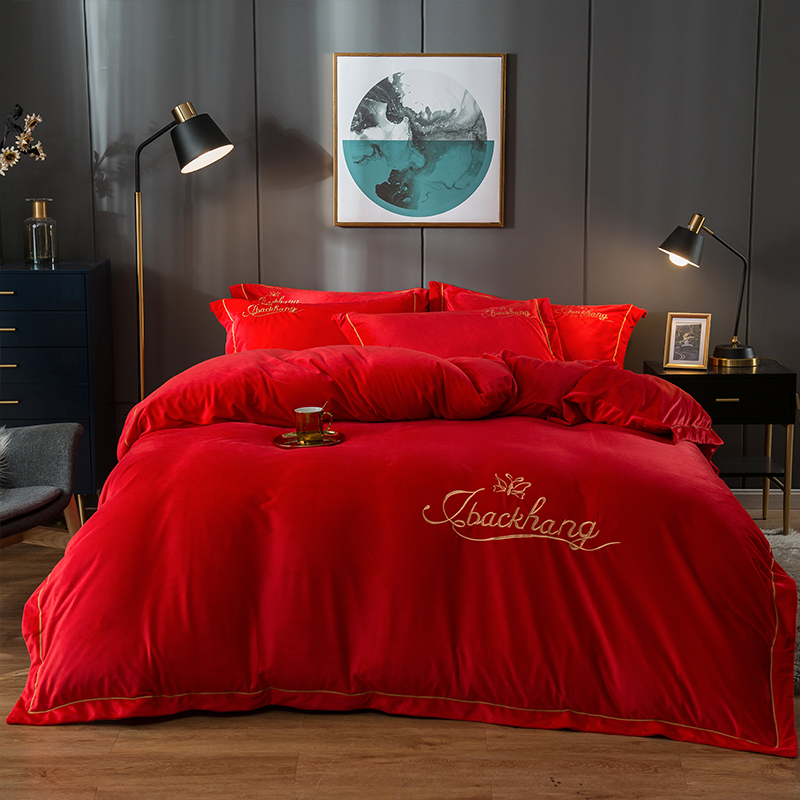 2022新款-蝶中皇后水晶绒压线款四件套 床单款四件套1.8m（6英尺）床 大红