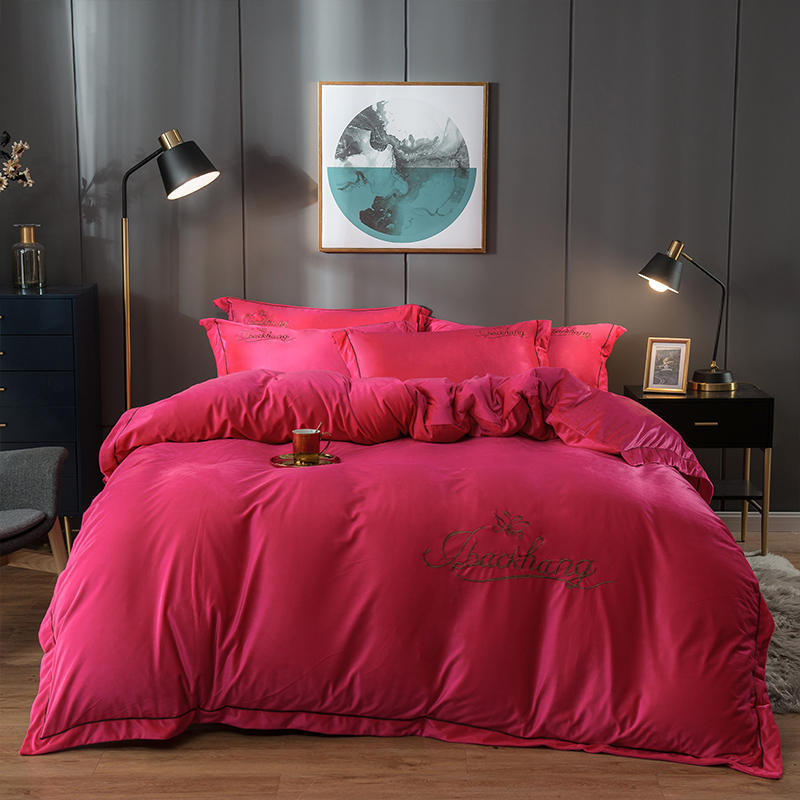2022新款-蝶中皇后水晶绒压线款四件套 床单款四件套1.8m（6英尺）床 玫红