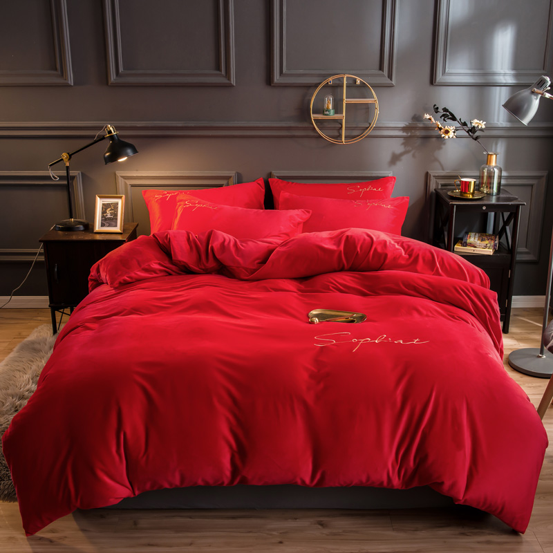 2022新款-简单生活双面水晶绒绣花款四件套 床单款四件套1.8m（6英尺）床 大红