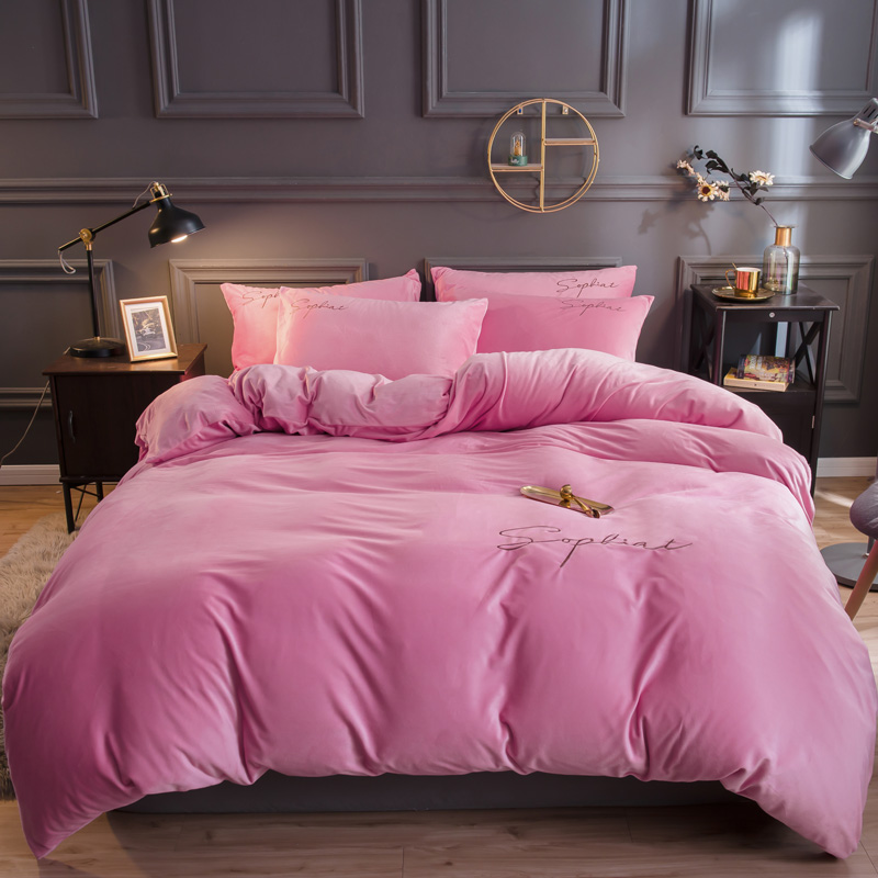 2022新款-简单生活双面水晶绒绣花款四件套 床单款四件套1.5m（5英尺）床 粉色
