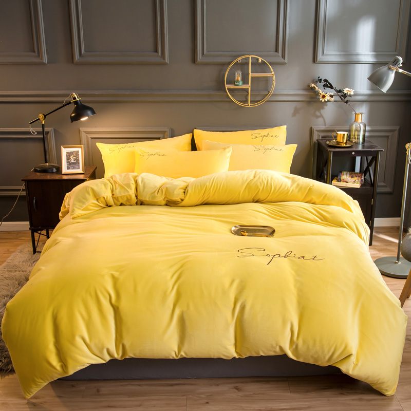 2022新款-简单生活双面水晶绒绣花款四件套 床单款四件套1.8m（6英尺）床 黄色