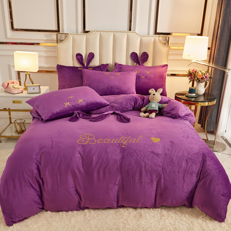 2022新款可爱兔水晶绒四件套 1.5m床单款四件套 可爱兔-神秘紫