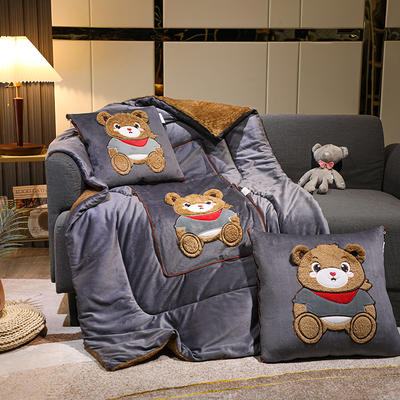新款泰迪绒围巾熊抱枕被 大号50*50cm 打开被子150*190cm 灰色