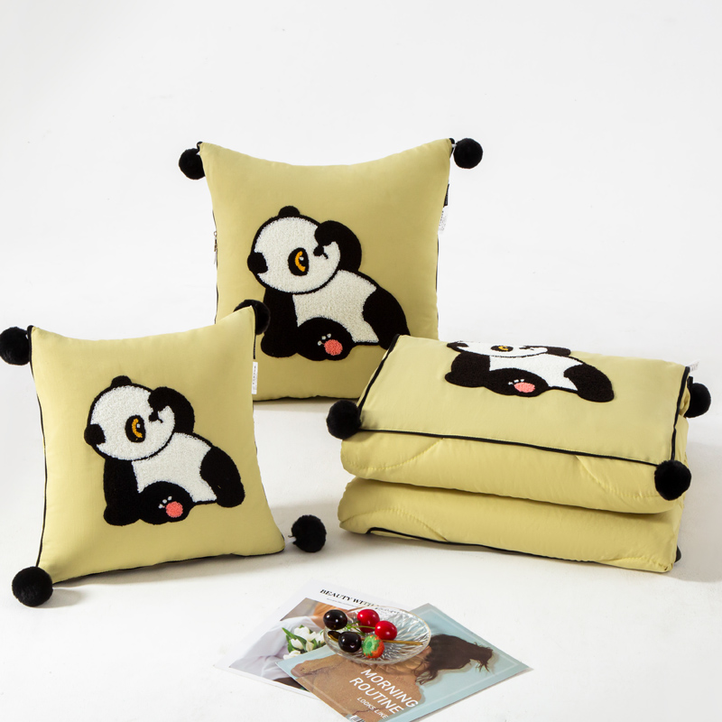 （总）2023新款水洗棉麻抱枕被-Hello Panda系列 50X50cm打开被子150*190cm 果绿-乐乐