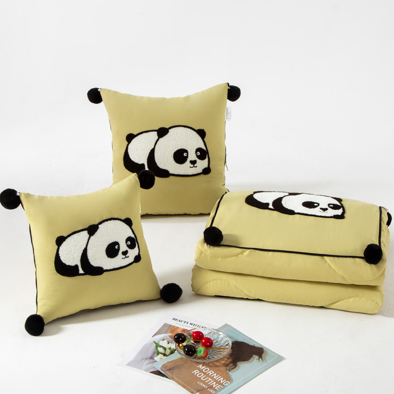 （总）2023新款水洗棉麻抱枕被-Hello Panda系列 50X50cm打开被子150*190cm 果绿-团团