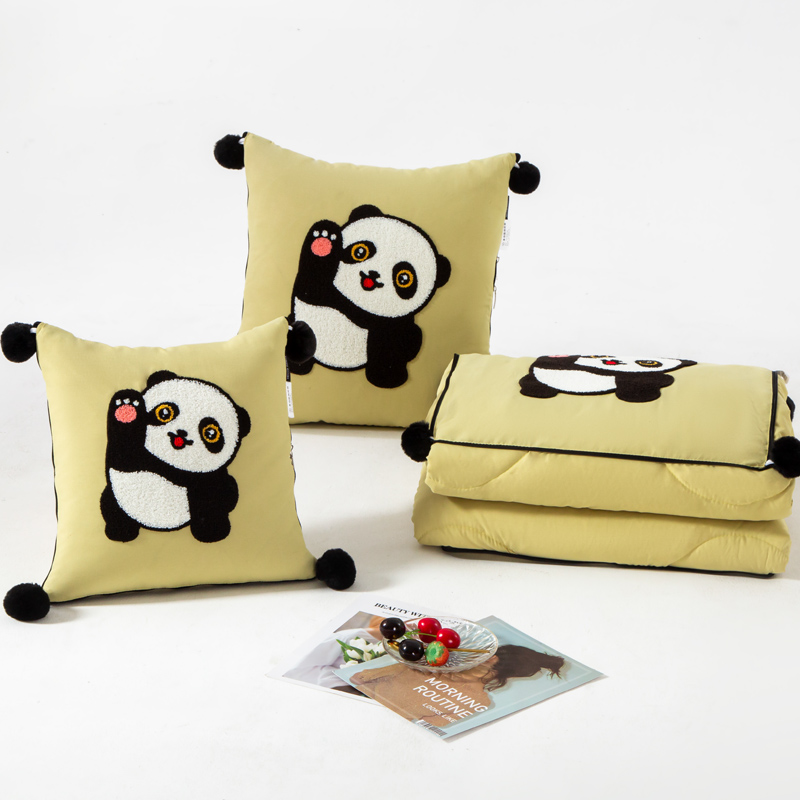 （总）2023新款水洗棉麻抱枕被-Hello Panda系列 50X50cm打开被子150*190cm 果绿-仔仔