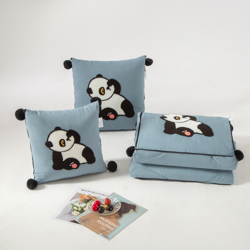 （总）2023新款水洗棉麻抱枕被-Hello Panda系列 50X50cm打开被子150*190cm 蓝-乐乐