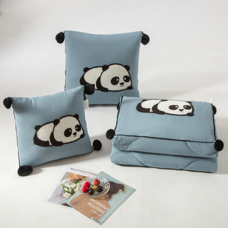 （总）2023新款水洗棉麻抱枕被-Hello Panda系列 50X50cm打开被子150*190cm 蓝-团团