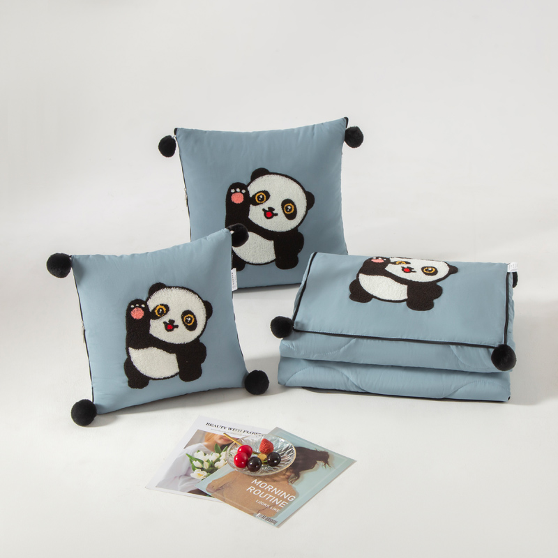 （总）2023新款水洗棉麻抱枕被-Hello Panda系列 50X50cm打开被子150*190cm 蓝-仔仔