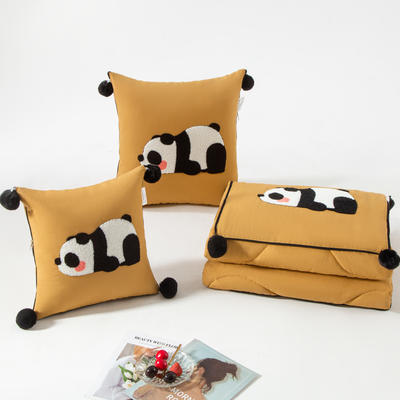 （总）2023新款水洗棉麻抱枕被-Hello Panda系列 50X50cm打开被子150*190cm 蜜橙-果果