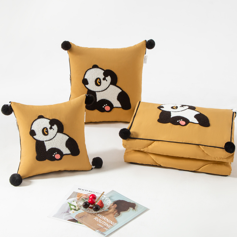 （总）2023新款水洗棉麻抱枕被-Hello Panda系列 50X50cm打开被子150*190cm 蜜橙-乐乐