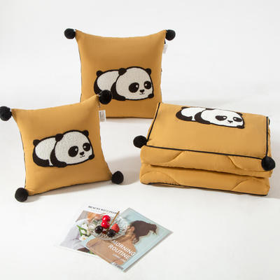（总）2023新款水洗棉麻抱枕被-Hello Panda系列 50X50cm打开被子150*190cm 蜜橙-团团