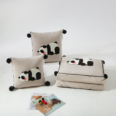 （总）2023新款水洗棉麻抱枕被-Hello Panda系列 50X50cm打开被子150*190cm 浅灰-果果