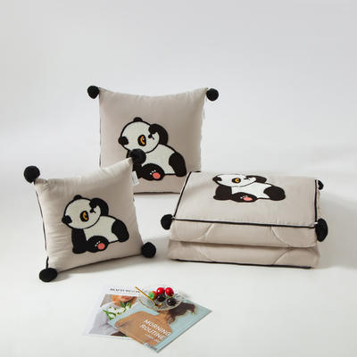 （总）2023新款水洗棉麻抱枕被-Hello Panda系列 50X50cm打开被子150*190cm 浅灰-乐乐
