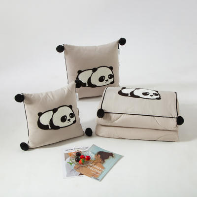 （总）2023新款水洗棉麻抱枕被-Hello Panda系列 50X50cm打开被子150*190cm 浅灰-团团