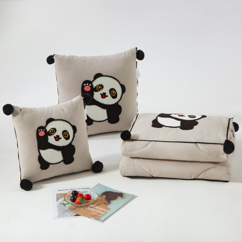 （总）2023新款水洗棉麻抱枕被-Hello Panda系列 50X50cm打开被子150*190cm 浅灰-仔仔